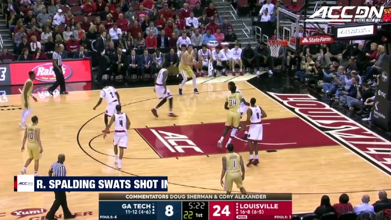 Louisville's Ray Spalding Blocks Shot Into Front Row vs. Georgia Tech