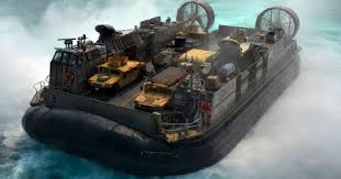 US Military Hovercraft LCAC & Assault Amphibious Vehicle Beach Landing Aerial View