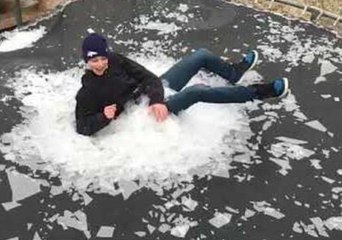 Kid Breaks the Ice on Frozen Trampoline in One Epic Bounce