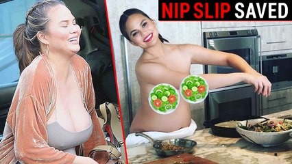 Descargar video: Chrissy Teigen Avoids Wardrobe Malfunction | Chrissy Teigen’s Pregnancy Cleavage Nearly Spills Out