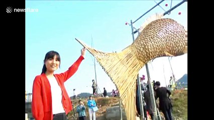 Huge bamboo-crafted fish displayed to welcome Chinese New Year