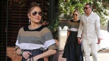 It's a date! Jennifer Lopez cuts a chic figure in denim bottoms with a striped top for lunch with boyfriend Alex Rodriguez in Beverly Hills.