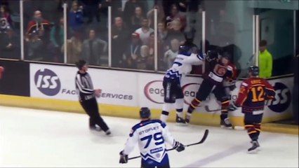 Un joueur de hockey met une grosse baffe à un supporter adverse