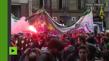 Une manifestante, torse nu, défie la police lors de la manifestation anti-Macron à Paris