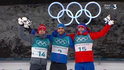 JO 2018 : Biathlon - Mass start hommes : Cérémonie des fleurs