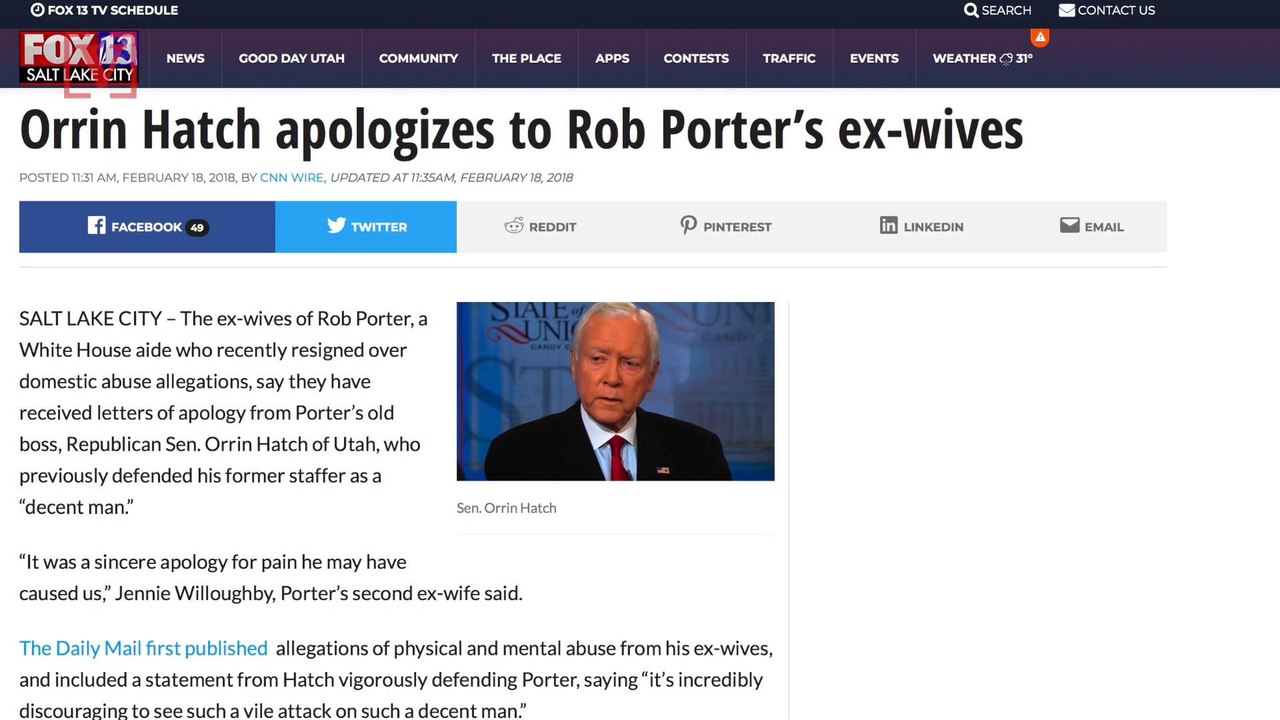 Senator Orrin Hatch Offers Big Apology to Rob Porter’s Ex-Wives