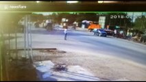 Man knocked down by dump truck gets back on his feet instantly