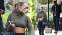 Jennifer Lopez flaunts toned midriff in cropped sweater as she leaves swanky Bel-Air hotel with lover Alex Rodriguez.