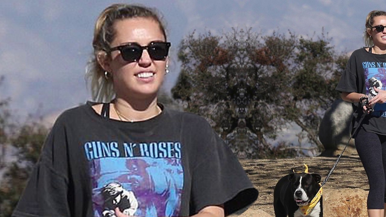 Miley Cyrus is rock star chic as she wears Guns N' Roses tee during hike with pet pooch Mary Jane in Los Angeles.