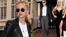 Jennifer Lawrence covers up in trendy checked flares and leather biker jacket as she steps out in London.. after dazzling in string of racy ensembles.