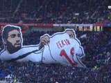 Giant Fekir poster in Lyon stadium before derby game