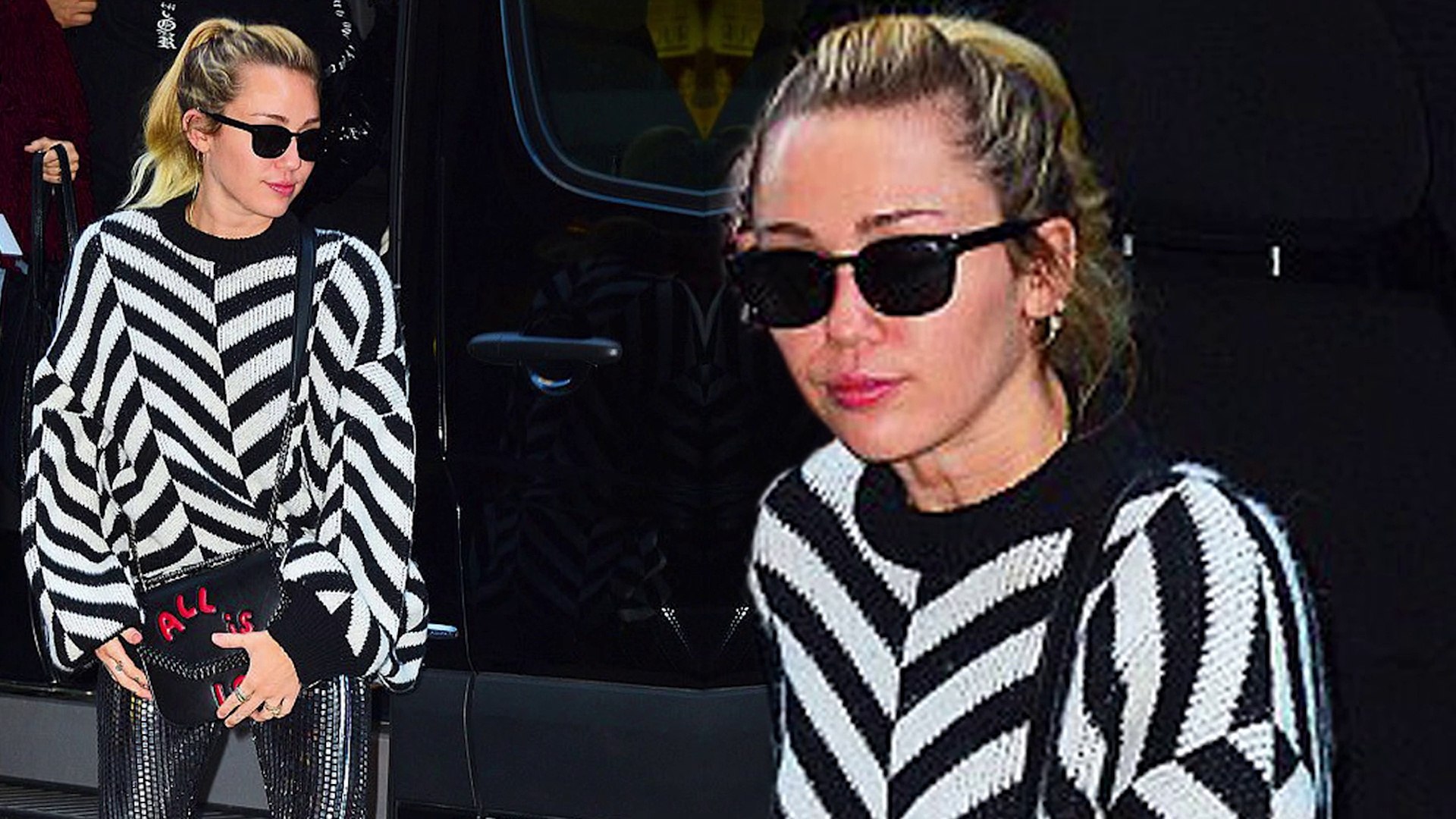 Rock star chic! Miley Cyrus cuts a stylish figure in black and white sweater with tight metallic leg