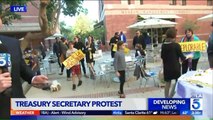 Treasury Secretary Steve Mnuchin`s Lecture at UCLA Draws Protesters