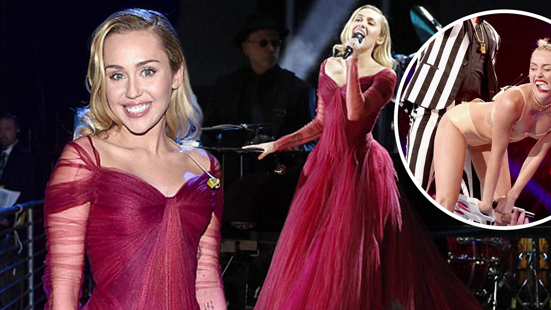 Miley Cyrus dons ruby red princess gown while performing with Elton John five years after THAT twerk