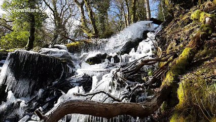 Waterfall freezes solid in Dartmoor National Park in arctic conditions