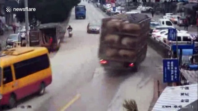 Truck loaded with pigs smashes into several parked vehicles