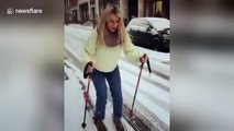Woman skis on the streets of London instead of the slopes