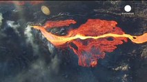 Aerial footage: La reunion volcano spits bubbling molten lava