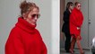 Jennifer Lopez wraps up in over-sized scarlet sweater dress and thigh-high boots for designer shopping spree.
