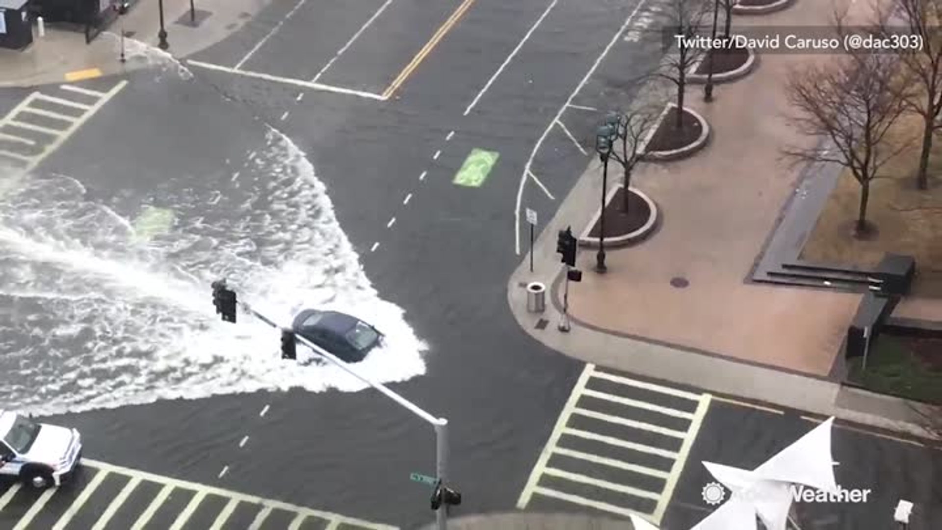⁣Watch Boston driver barely make it through high tide floodwaters