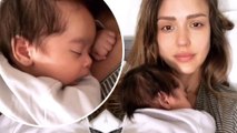 'My favorite time of day!' Jessica Alba goes make-up free as she cuddles baby Hayes in bed.