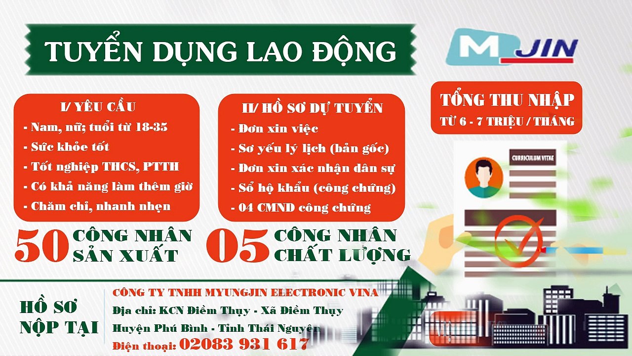 Công ty TNHH Myungjin Electronic Vina tuyển dụng gấp 55 Nhân viên sản xuất