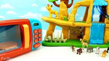 Learn Names Sounds of Safari Wild Zoo Animals with Schleich Toys Pretend Play Microwave Small to Big