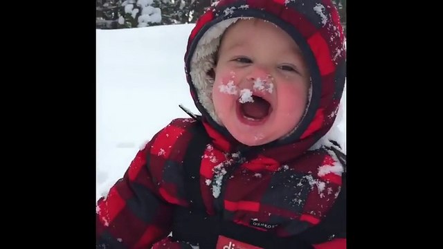 Ce bébé adore manger la neige la tête plongée dedans !