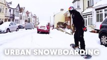 Urban snowboarding in Essex during snow storm with Billy Morgan and Paddy Graham.