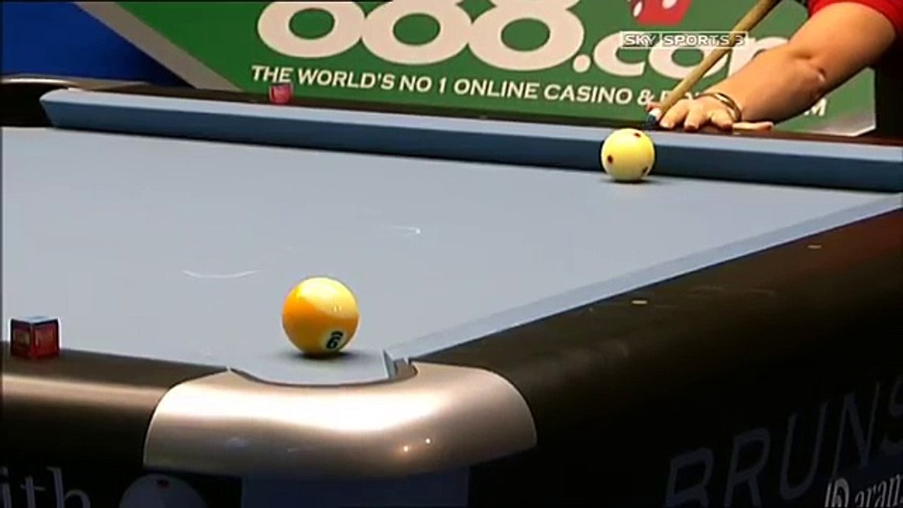 Michaela Tabb playing pool, Francisco Bustamante as referee