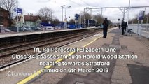 TfL Rail Elizabeth Line Class 345 passes through Harold Wood station during delays