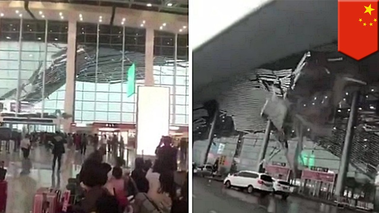 Fierce wind tear off China airport’s roof as people scream in panic - TomoNews