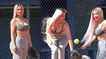 Play ball! Kim Kardashian flaunts enviable waistline wearing a backless sports bra and sweatpants for softball game with her famous family.
