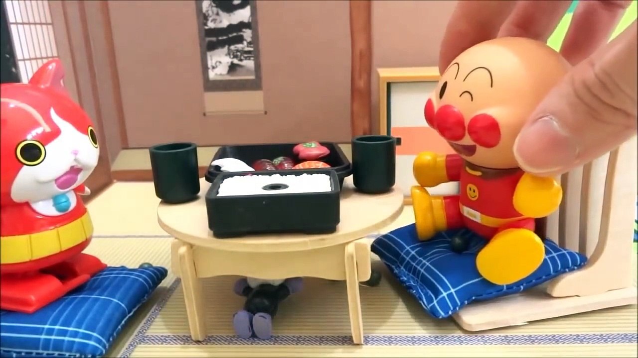 アンパンマンアニメおもちゃ アンパンマンとジバニャンのお寿司やドーナツやうな重をバイキンマンが...