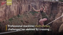 Legendary slackliner Faith Dickey crosses canyon in heels