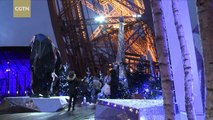 A family of glass mirror penguins set in Eiffel Tower welcome winter