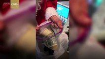 Guy dressed as Santa throws dollar bills over mall railing