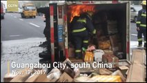Delivery truck catches fire on expressway in south China
