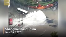 Video footage shows water pipe bursts in E China municipality, shooting tons of water into the air