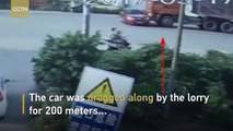 Lorry pushes car forward for some 200 meters in the blind zone