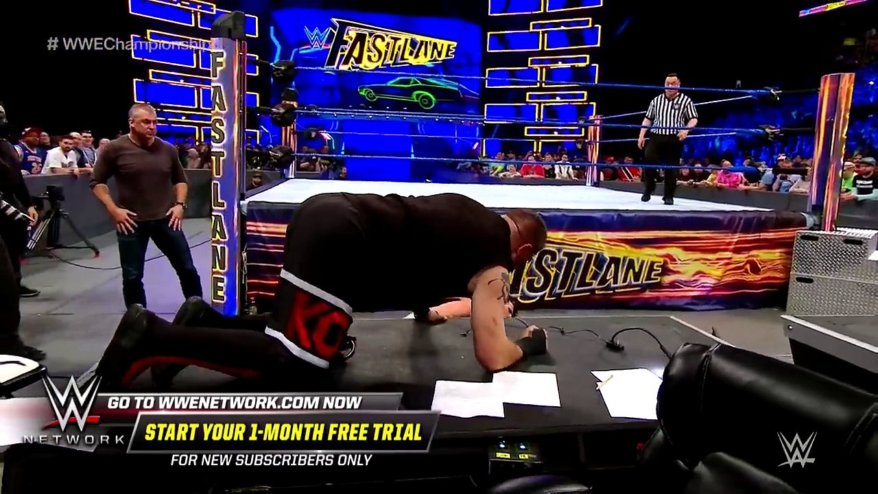 John Cena sends AJ Styles crashing through the announce table- WWE Fastlane 2018 (WWE Network)