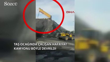 Sultangazi'de bir taş ocağında yükünü boşaltırken devrilen hafriyat kamyonu kameraya yansıdı.