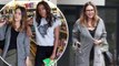 'Just a couple of bad girls': Jessica Alba pairs gray cardigan with olive bottoms for lunch...before posing inside a store with Bad Boys co-star Gabrielle Union.