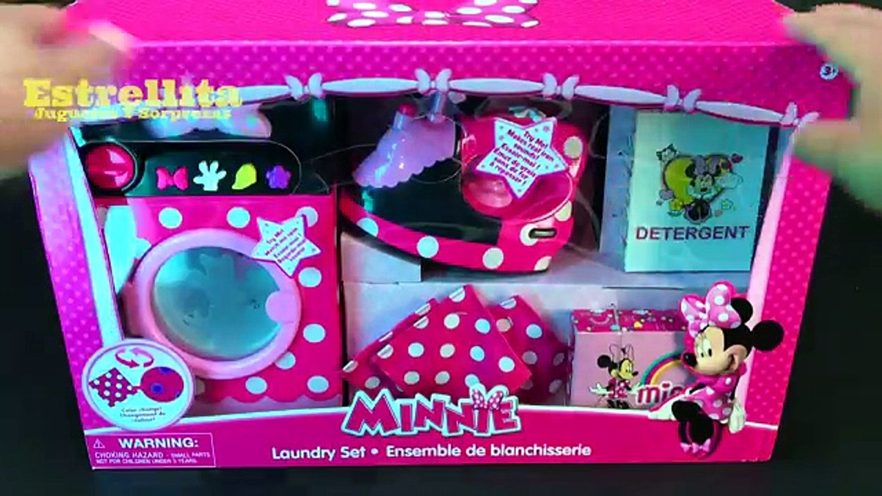 LAVADORA Y PLANCHA DE JUGUETE MINNIE MOUSE ROPA CAMBIA DE COLOR, BOLSA SORPRESAS ESTRELLITA JUGUETES