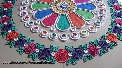 Easy and beautiful rangoli with border of multicolored roses | I Rangoli designs by Poonam Borkar