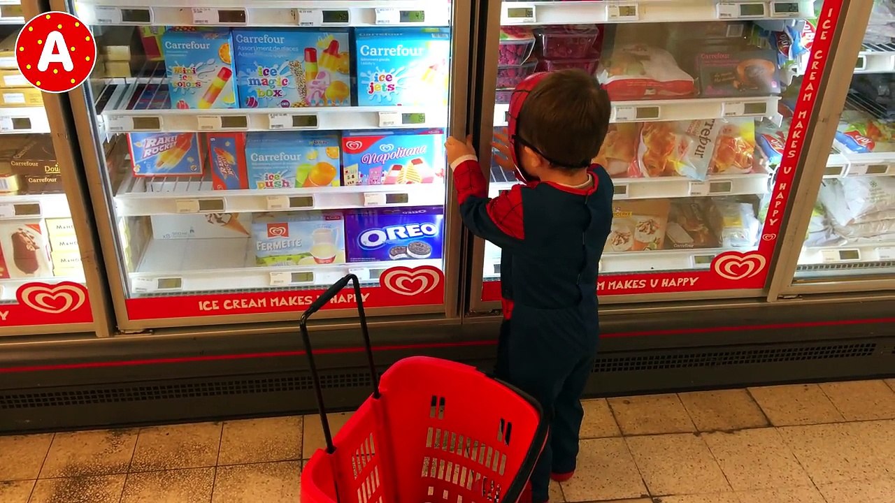 Little Boy Superhero Spider-Man Driving to the Toy Store in his Lightning McQueen Car