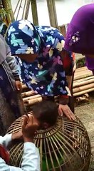 Anak lucu terjepit kurungan ayam. Lucu sekali