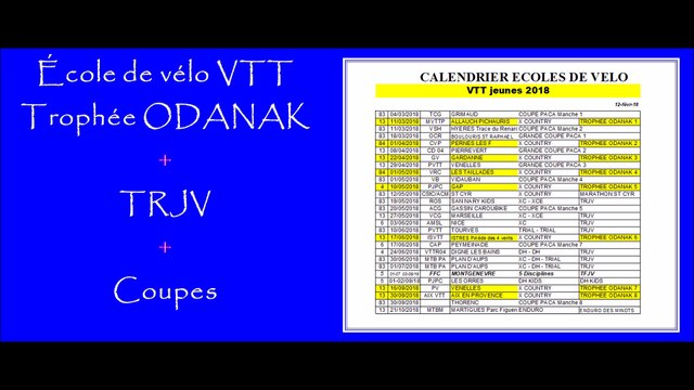Calendriers 2018 École de cyclisme, Minimes, Cadets