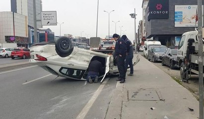 E-5'te takla atan araç yan yola uçtu