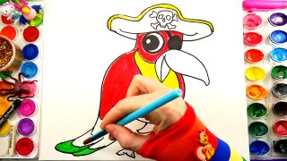 How to Draw Cartoon Parrot Pirate - Drawing Coloring Page for Children to Learn How to Paint